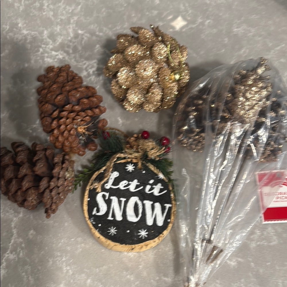 Festive Pinecone and Wooden Let it Snow Ornament Set - Gold Black White Brown